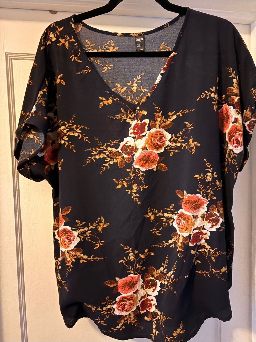 SHEIN Black Short-Sleeve V-Neck Top with Rose Floral Print